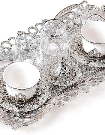 طقم قهوة مزدوج تقديم ابيض عدد 8 قطع (2 فنجان بالحامل + 2 طبق فنجان + 2 كوب زجاج + تمرية بالغظء + صينية) سعة 80 ملى لتر H&k Art