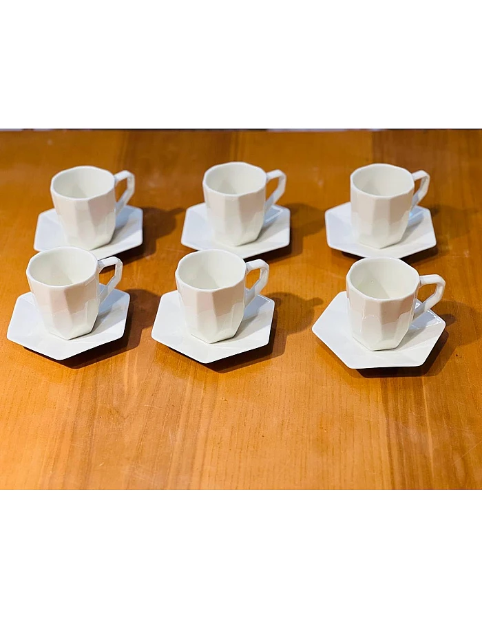 Generic Modern White Porcelain Coffee Cup and Saucer Set, 6-Piece, Hexagonal Design .AR