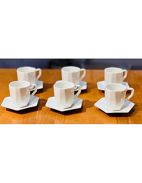 Generic Modern White Porcelain Coffee Cup and Saucer Set, 6-Piece, Hexagonal Design .AR