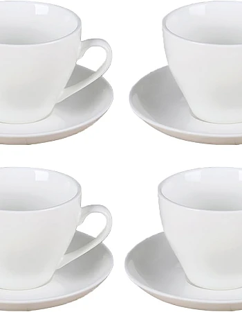 HORIJUNKE Porcelain Espresso Coffee Cups and Saucers, Cappuccino Cup, Set of 4 Bone China, for Latte, Cafe Mocha and Tea(white,5OZ)