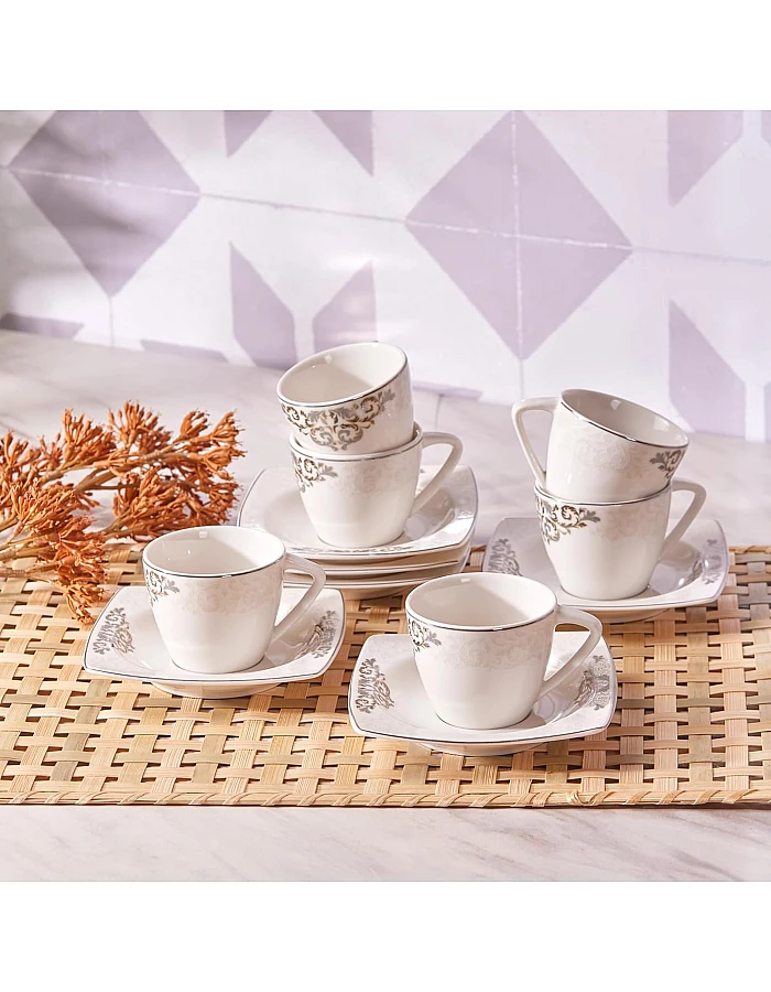 Karaca Nazende 12 Piece Porcelain Espresso Turkish Coffee Cup Set for 6 People, 80ml, White Platinum