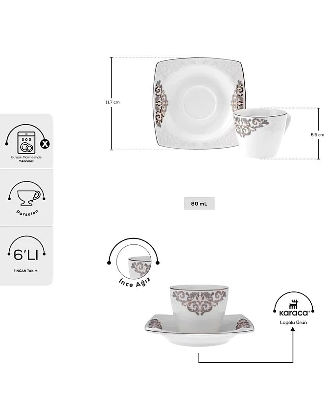 Karaca Nazende 12 Piece Porcelain Espresso Turkish Coffee Cup Set for 6 People, 80ml, White Platinum