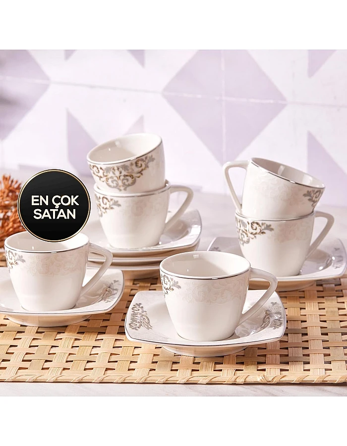 Karaca Nazende 12 Piece Porcelain Espresso Turkish Coffee Cup Set for 6 People, 80ml, White Platinum