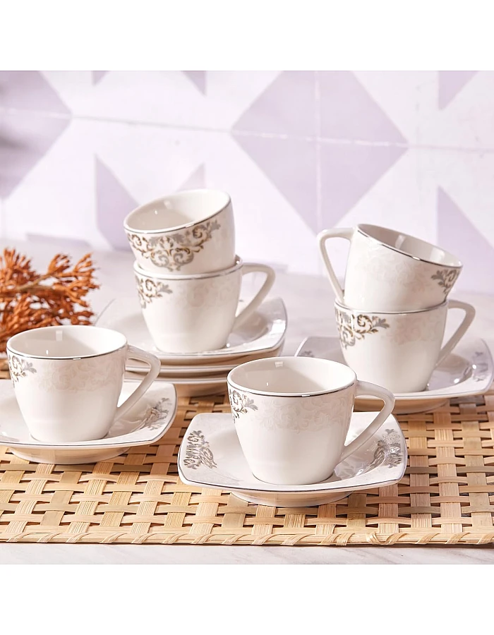 Karaca Nazende 12 Piece Porcelain Espresso Turkish Coffee Cup Set for 6 People, 80ml, White Platinum