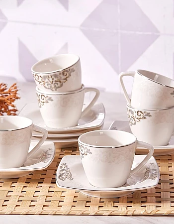 Karaca Nazende 12 Piece Porcelain Espresso Turkish Coffee Cup Set for 6 People, 80ml, White Platinum