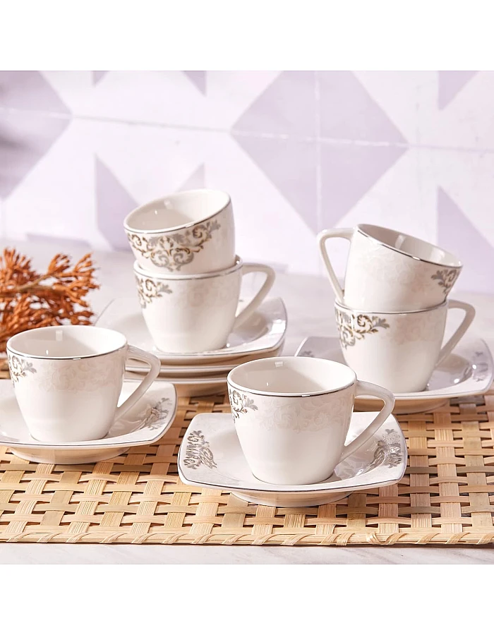 Karaca Nazende 12 Piece Porcelain Espresso Turkish Coffee Cup Set for 6 People, 80ml, White Platinum