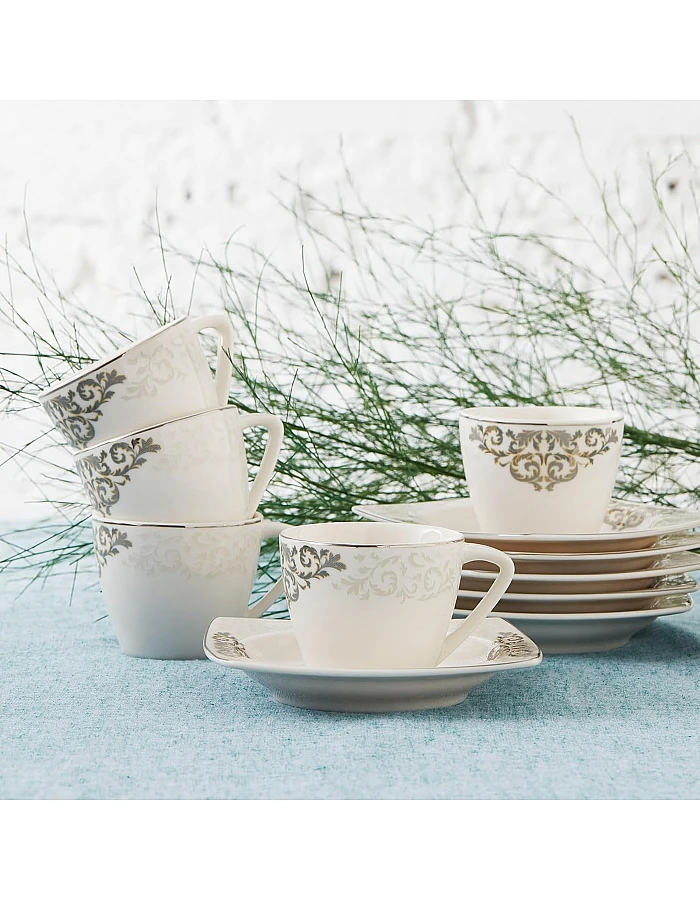 Karaca Nazende 12 Piece Porcelain Espresso Turkish Coffee Cup Set for 6 People, 80ml, White Platinum