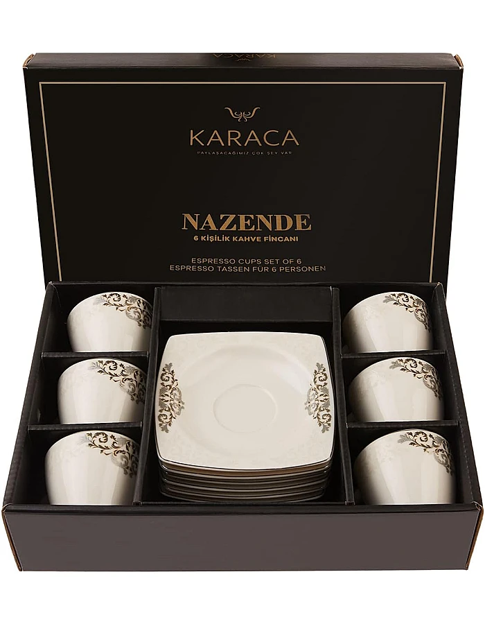 Karaca Nazende 12 Piece Porcelain Espresso Turkish Coffee Cup Set for 6 People, 80ml, White Platinum