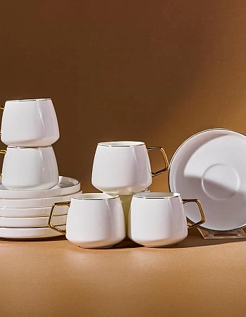 Karaca Streamline Saturn 12-Piece Porcelain Espresso Turkish Coffee Cup Set for 6 People, 100ml, White Gold