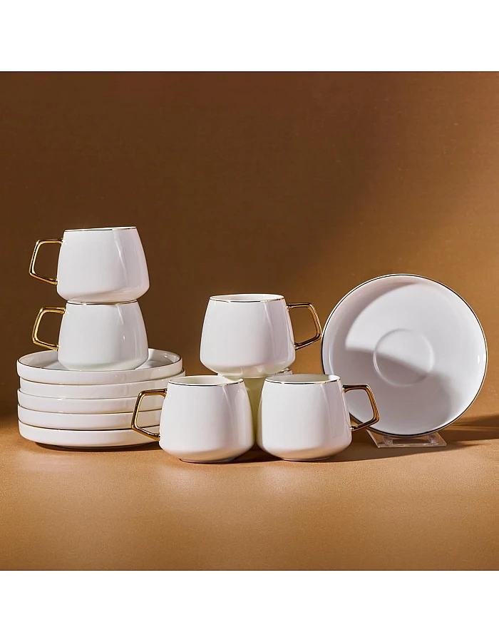 Karaca Streamline Saturn 12-Piece Porcelain Espresso Turkish Coffee Cup Set for 6 People, 100ml, White Gold