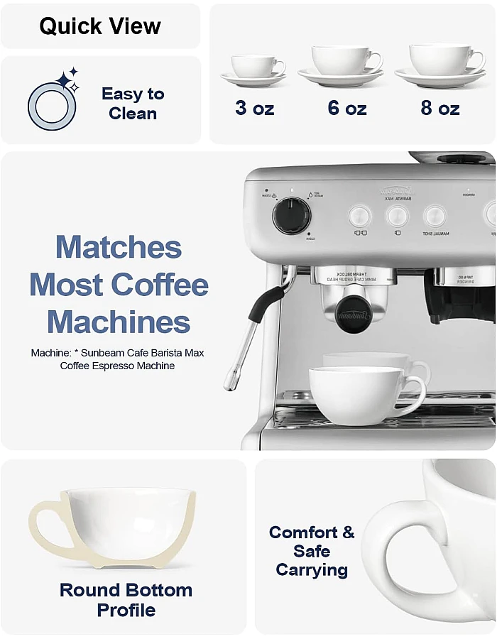 LE TAUCI 3 oz Espresso Cups with Saucers, Demitasse Coffee Cup for Shot, Lungo, Ristretto - 3 inch, Set of 4, White