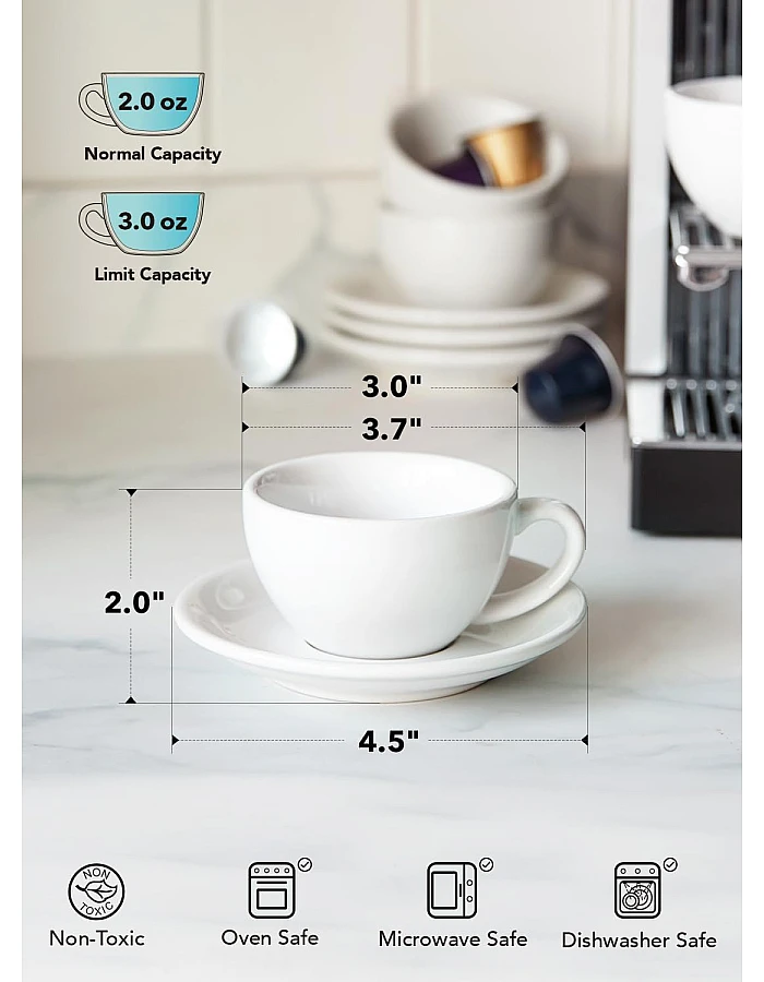 LE TAUCI 3 oz Espresso Cups with Saucers, Demitasse Coffee Cup for Shot, Lungo, Ristretto - 3 inch, Set of 4, White