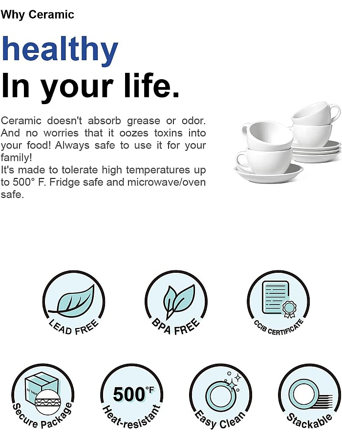 LE TAUCI 3 oz Espresso Cups with Saucers, Demitasse Coffee Cup for Shot, Lungo, Ristretto - 3 inch, Set of 4, White