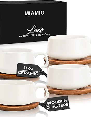 MIAMIO – 11 Oz., Set of 4 Ceramic Tea Cup and Saucer Bamboo/Tea Mug - Wide Cappuccino Cup, Coffee Cups Ceramic Mug for Cappuccino, Latte, Espresso & Americano - Luxe Collection (Beige Pastel)