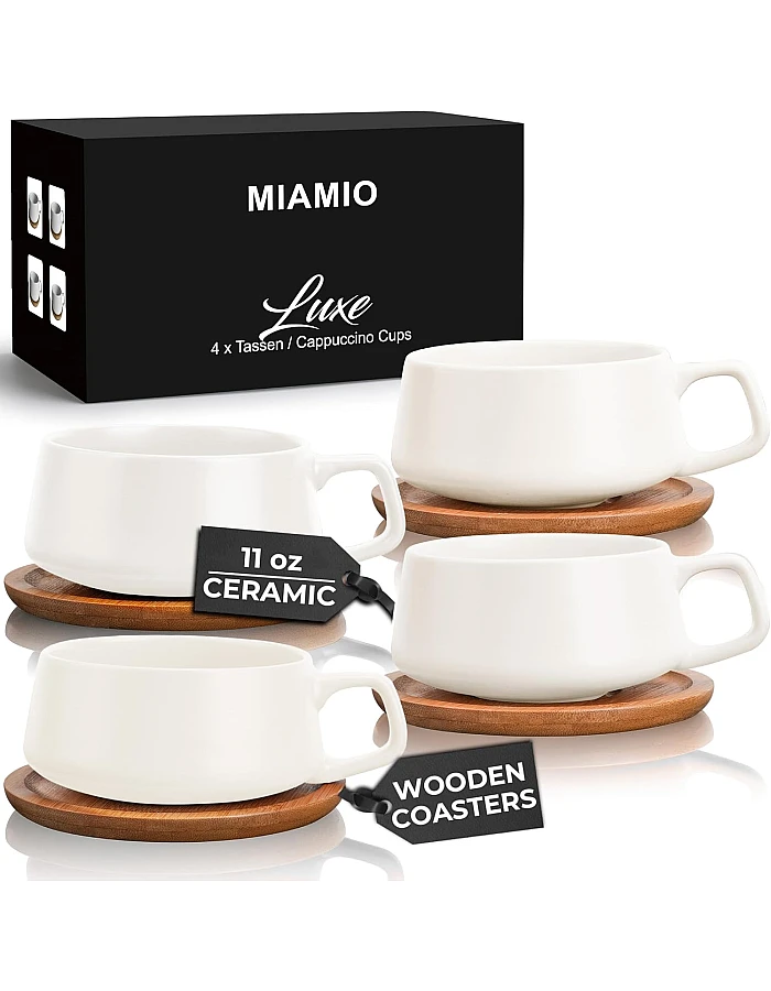 MIAMIO – 11 Oz., Set of 4 Ceramic Tea Cup and Saucer Bamboo/Tea Mug - Wide Cappuccino Cup, Coffee Cups Ceramic Mug for Cappuccino, Latte, Espresso & Americano - Luxe Collection (White)