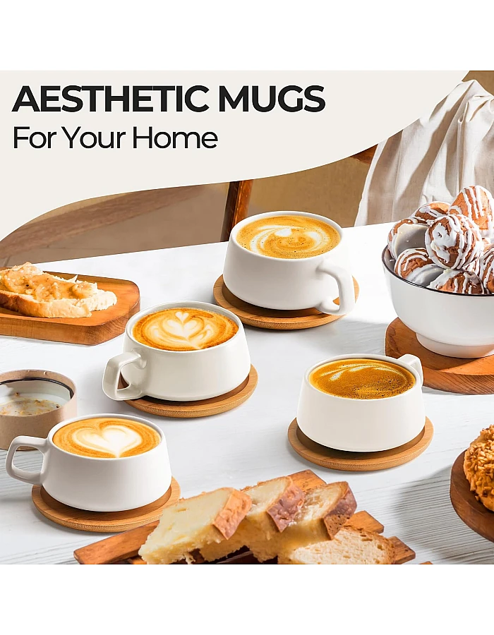 MIAMIO – 11 Oz., Set of 4 Ceramic Tea Cup and Saucer Bamboo/Tea Mug - Wide Cappuccino Cup, Coffee Cups Ceramic Mug for Cappuccino, Latte, Espresso & Americano - Luxe Collection (White)