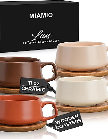 MIAMIO – 11 Oz., Set of 4 Ceramic Tea Cup and Saucer Bamboo/Tea Mug - Wide Cappuccino Cup, Coffee Cups Ceramic Mug for Cappuccino, Latte, Espresso & Americano - Luxe Collection (Beige Pastel)