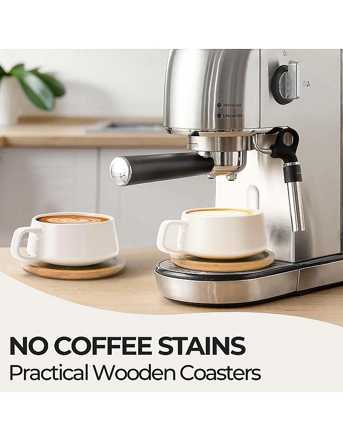 MIAMIO – 11 Oz., Set of 4 Ceramic Tea Cup and Saucer Bamboo/Tea Mug - Wide Cappuccino Cup, Coffee Cups Ceramic Mug for Cappuccino, Latte, Espresso & Americano - Luxe Collection (White)