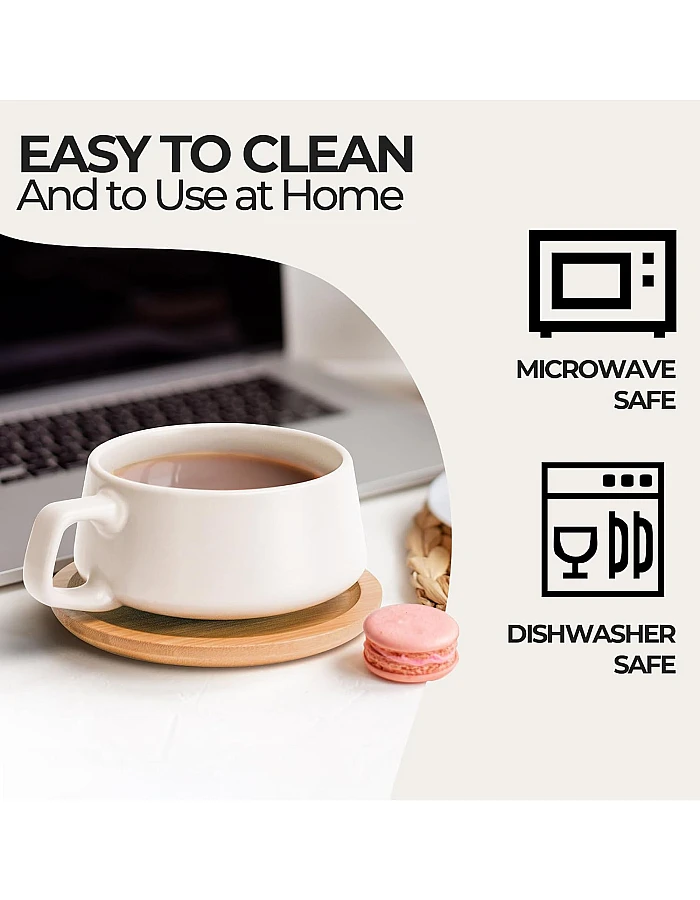 MIAMIO – 11 Oz., Set of 4 Ceramic Tea Cup and Saucer Bamboo/Tea Mug - Wide Cappuccino Cup, Coffee Cups Ceramic Mug for Cappuccino, Latte, Espresso & Americano - Luxe Collection (White)