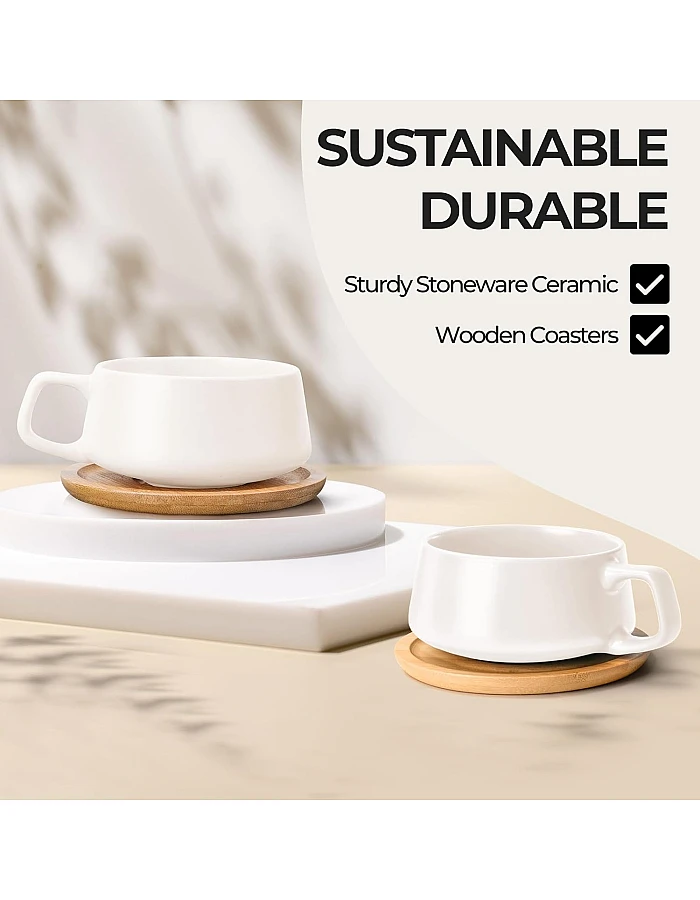 MIAMIO – 11 Oz., Set of 4 Ceramic Tea Cup and Saucer Bamboo/Tea Mug - Wide Cappuccino Cup, Coffee Cups Ceramic Mug for Cappuccino, Latte, Espresso & Americano - Luxe Collection (White)