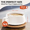 MIAMIO – 11 Oz., Set of 4 Ceramic Tea Cup and Saucer Bamboo/Tea Mug - Wide Cappuccino Cup, Coffee Cups Ceramic Mug for Cappuccino, Latte, Espresso & Americano - Luxe Collection (White)