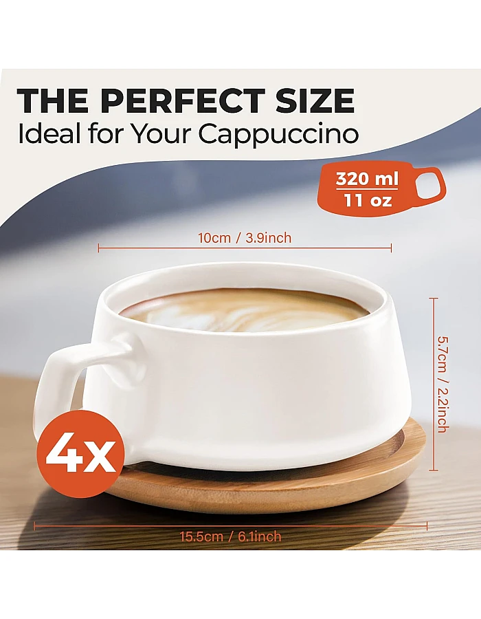 MIAMIO – 11 Oz., Set of 4 Ceramic Tea Cup and Saucer Bamboo/Tea Mug - Wide Cappuccino Cup, Coffee Cups Ceramic Mug for Cappuccino, Latte, Espresso & Americano - Luxe Collection (White)