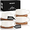MIAMIO – 11 Oz., Set of 4 Ceramic Tea Cup and Saucer Bamboo/Tea Mug - Wide Cappuccino Cup, Coffee Cups Ceramic Mug for Cappuccino, Latte, Espresso & Americano - Luxe Collection (Beige Pastel)