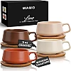 MIAMIO – 11 Oz., Set of 4 Ceramic Tea Cup and Saucer Bamboo/Tea Mug - Wide Cappuccino Cup, Coffee Cups Ceramic Mug for Cappuccino, Latte, Espresso & Americano - Luxe Collection (White)