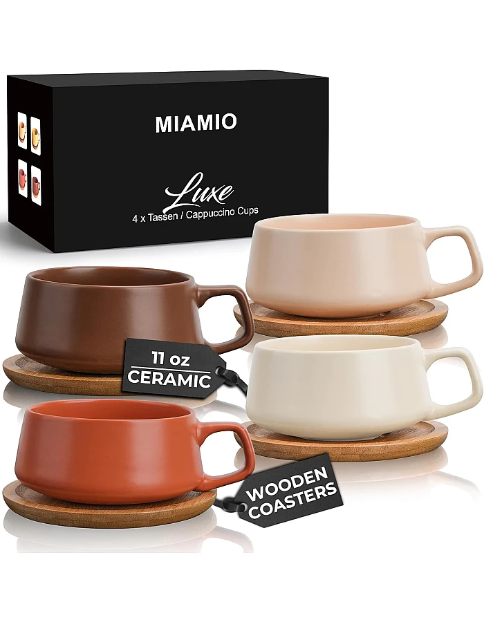 MIAMIO – 11 Oz., Set of 4 Ceramic Tea Cup and Saucer Bamboo/Tea Mug - Wide Cappuccino Cup, Coffee Cups Ceramic Mug for Cappuccino, Latte, Espresso & Americano - Luxe Collection (White)