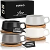 MIAMIO – 11 Oz., Set of 4 Ceramic Tea Cup and Saucer Bamboo/Tea Mug - Wide Cappuccino Cup, Coffee Cups Ceramic Mug for Cappuccino, Latte, Espresso & Americano - Luxe Collection (White)