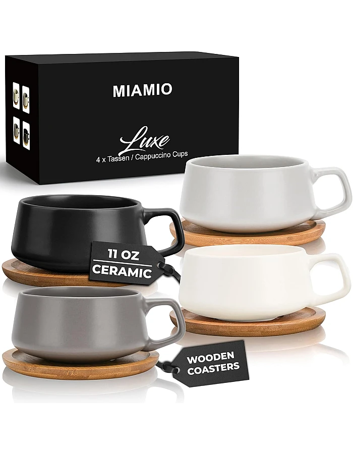 MIAMIO – 11 Oz., Set of 4 Ceramic Tea Cup and Saucer Bamboo/Tea Mug - Wide Cappuccino Cup, Coffee Cups Ceramic Mug for Cappuccino, Latte, Espresso & Americano - Luxe Collection (White)
