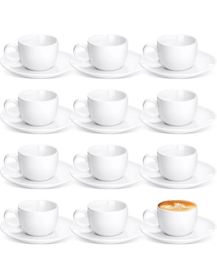 Maxdot 12 Set 2.7 OZ Porcelain Espresso Cups with Saucers White Ceramic Coffee Cups and Saucers Cappuccino Mug Latte Cup for Cafe Mocha Barista Coffee Shop