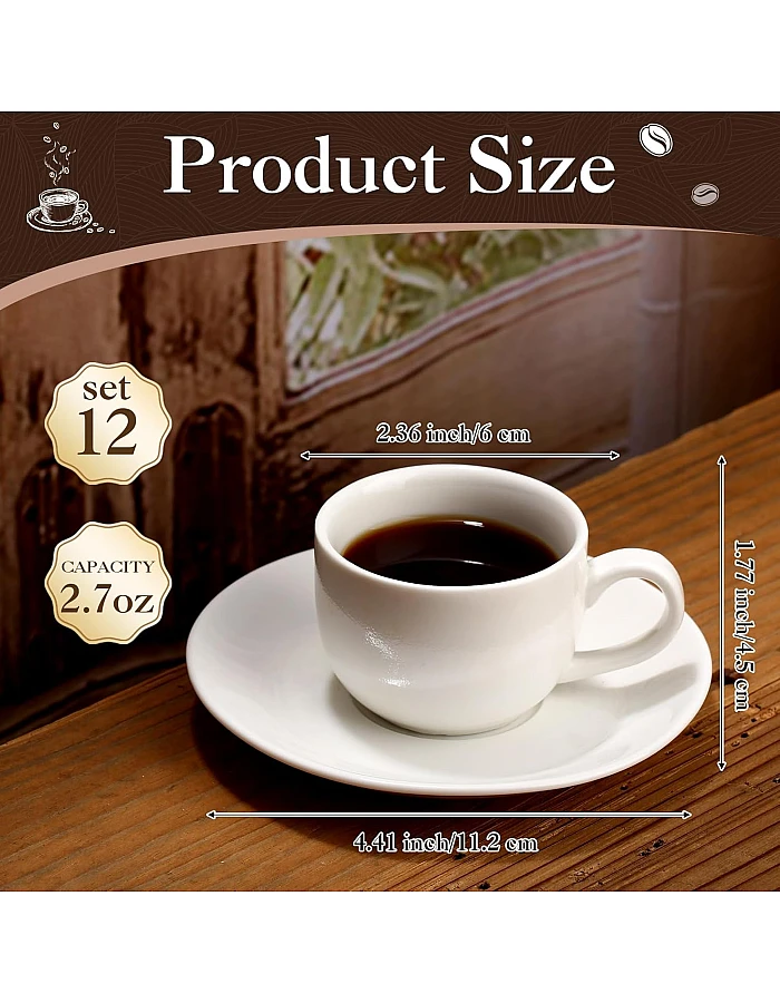 Maxdot 12 Set 2.7 OZ Porcelain Espresso Cups with Saucers White Ceramic Coffee Cups and Saucers Cappuccino Mug Latte Cup for Cafe Mocha Barista Coffee Shop