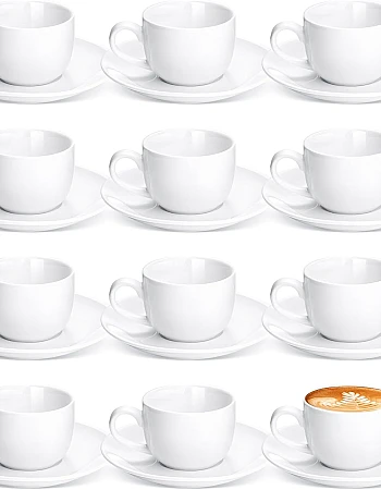 Maxdot 12 Set 2.7 OZ Porcelain Espresso Cups with Saucers White Ceramic Coffee Cups and Saucers Cappuccino Mug Latte Cup for Cafe Mocha Barista Coffee Shop