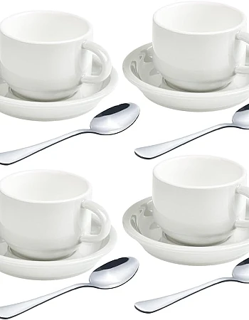 homEdge Premium Espresso Shot Cups and Saucers Set with Espresso Stainless Steel Spoons - 2.5 oz, Set of 4, White