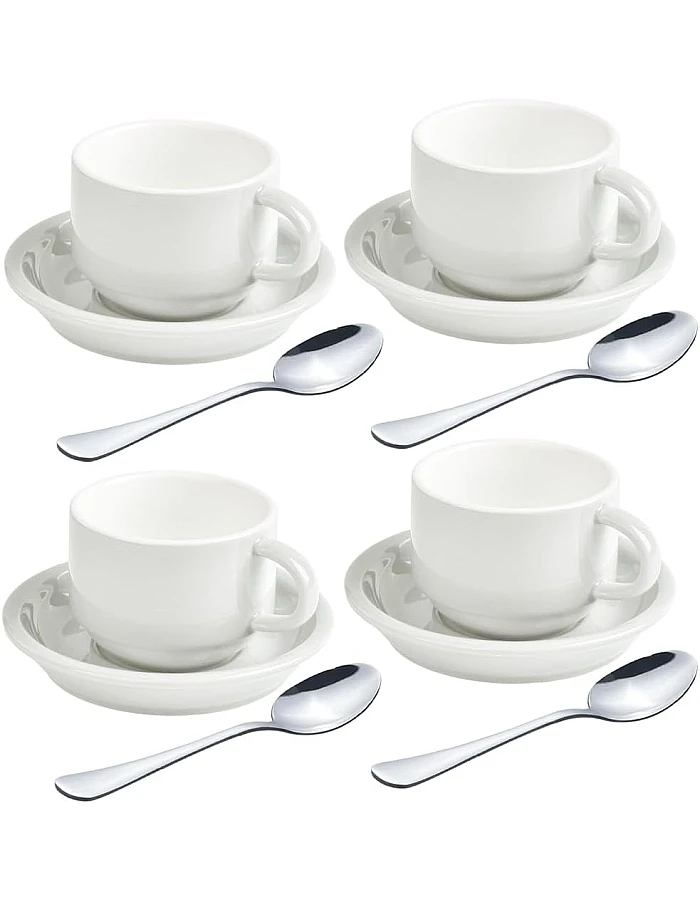 homEdge Premium Espresso Shot Cups and Saucers Set with Espresso Stainless Steel Spoons - 2.5 oz, Set of 4, White