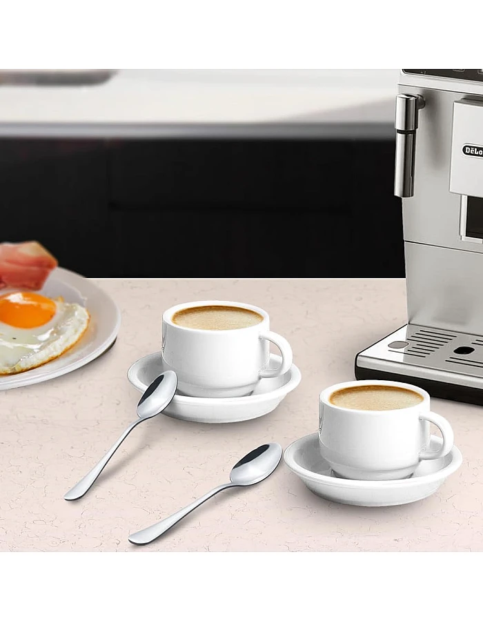 homEdge Premium Espresso Shot Cups and Saucers Set with Espresso Stainless Steel Spoons - 2.5 oz, Set of 4, White