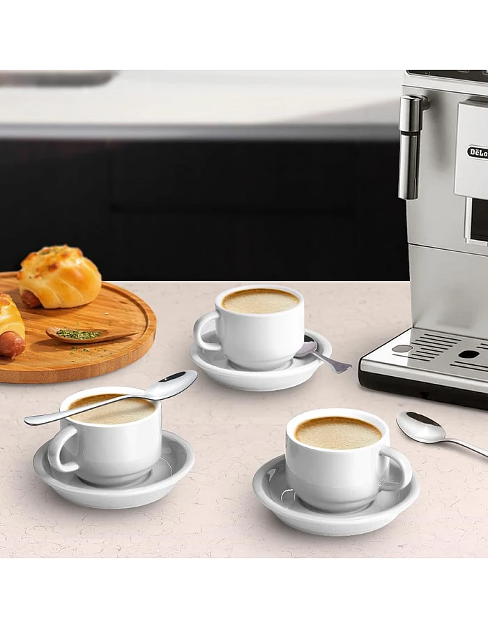 homEdge Premium Espresso Shot Cups and Saucers Set with Espresso Stainless Steel Spoons - 2.5 oz, Set of 4, White