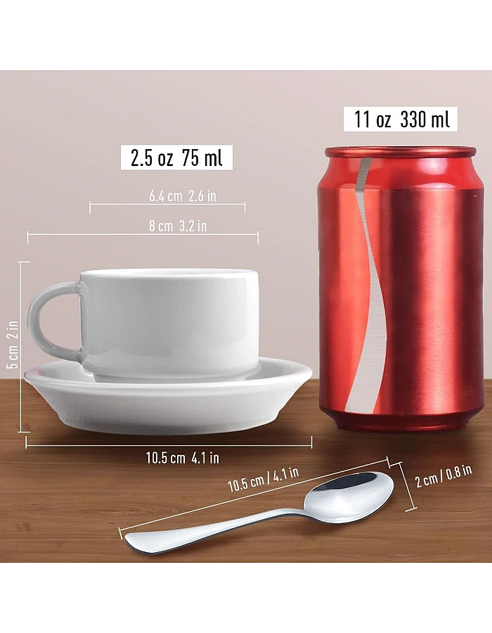 homEdge Premium Espresso Shot Cups and Saucers Set with Espresso Stainless Steel Spoons - 2.5 oz, Set of 4, White