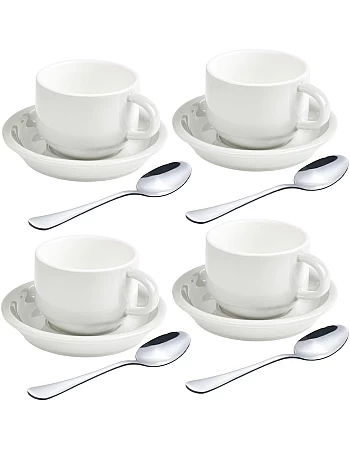 homEdge Premium Espresso Shot Cups and Saucers Set with Espresso Stainless Steel Spoons - 2.5 oz, Set of 4, White