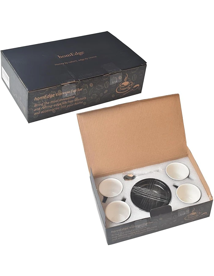homEdge Premium Espresso Shot Cups and Saucers Set with Espresso Stainless Steel Spoons - 2.5 oz, Set of 4, White
