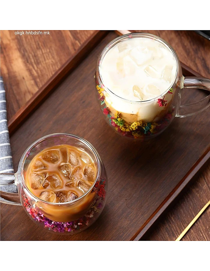 2pcs Double Wall Clear Glass Coffee Mugs Flower Double Walled Glass Coffee Cups Creative Clear Glass Cups with Flowers Insulated Clear Glass Mug for Tea Cappuccino Espressos Latte Juice Gifts(250ML)
