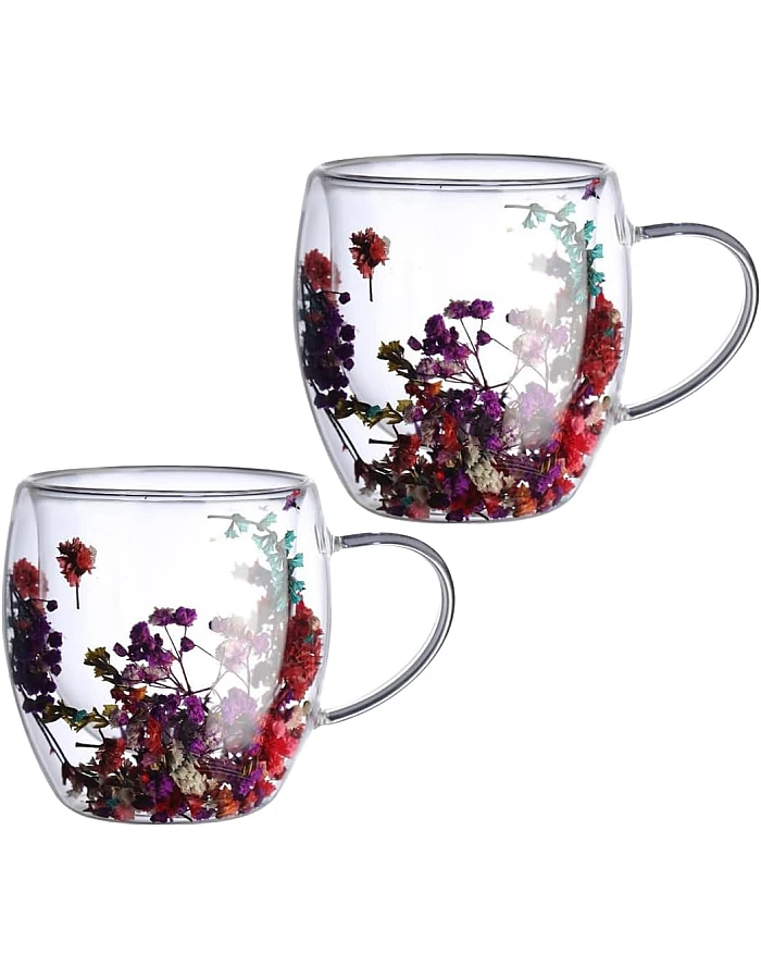 2pcs Double Wall Clear Glass Coffee Mugs Flower Double Walled Glass Coffee Cups Creative Clear Glass Cups with Flowers Insulated Clear Glass Mug for Tea Cappuccino Espressos Latte Juice Gifts(250ML)