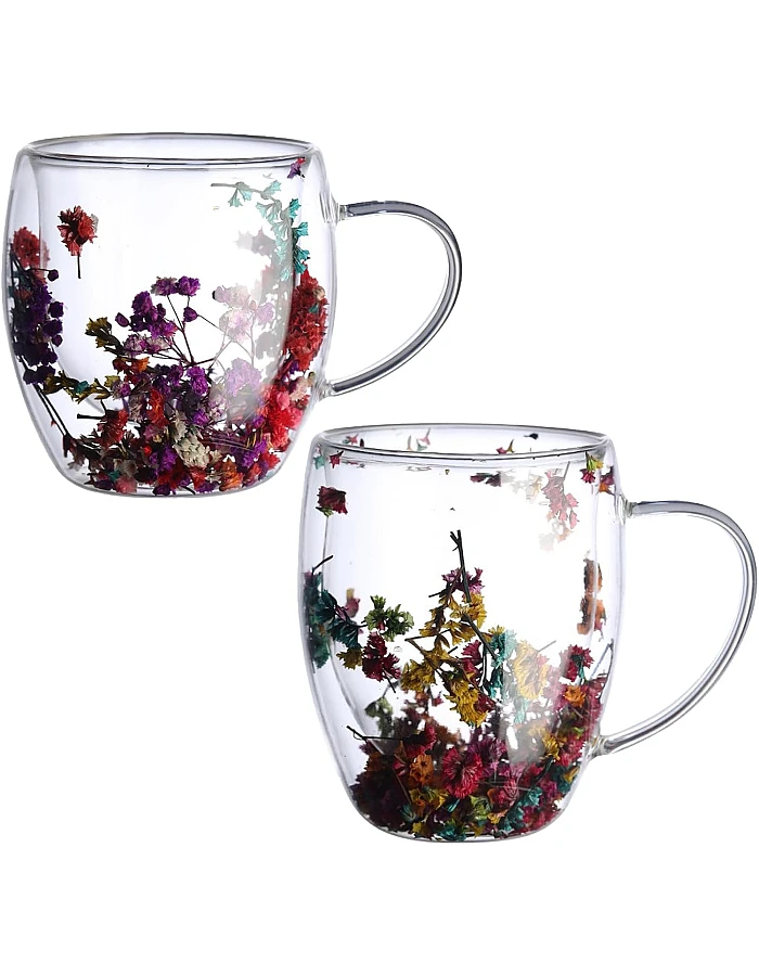 2pcs Double Wall Clear Glass Coffee Mugs Flower Double Walled Glass Coffee Cups Creative Clear Glass Cups with Flowers Insulated Clear Glass Mug for Tea Cappuccino Espressos Latte Juice Gifts(250ML)
