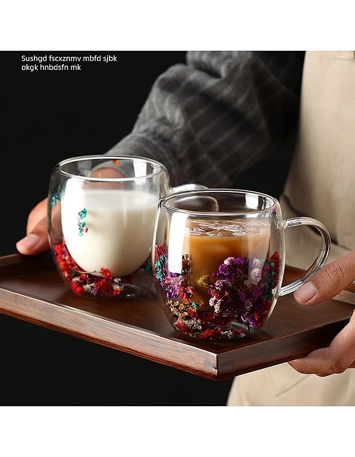 2pcs Double Wall Clear Glass Coffee Mugs Flower Double Walled Glass Coffee Cups Creative Clear Glass Cups with Flowers Insulated Clear Glass Mug for Tea Cappuccino Espressos Latte Juice Gifts(250ML)