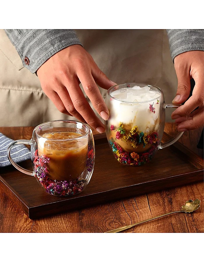 2pcs Double Wall Clear Glass Coffee Mugs Flower Double Walled Glass Coffee Cups Creative Clear Glass Cups with Flowers Insulated Clear Glass Mug for Tea Cappuccino Espressos Latte Juice Gifts(250ML)
