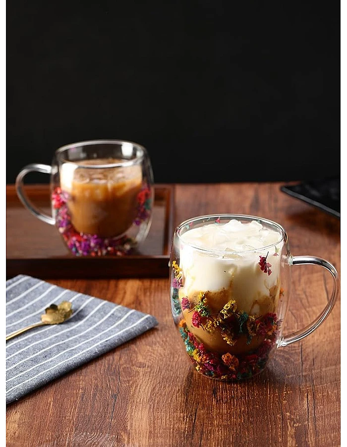 2pcs Double Wall Clear Glass Coffee Mugs Flower Double Walled Glass Coffee Cups Creative Clear Glass Cups with Flowers Insulated Clear Glass Mug for Tea Cappuccino Espressos Latte Juice Gifts(250ML)