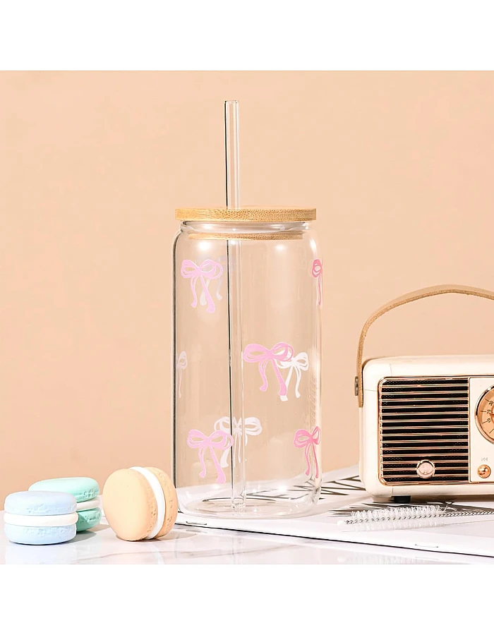 ANABIUP Coquette Cute Pink Bow Glass Cups with Lids and Straws, Aesthetic Iced Coffee Cup, Girly Preppy Design Tumbler Mug for Teen Girls Women Girlfriends Gifts