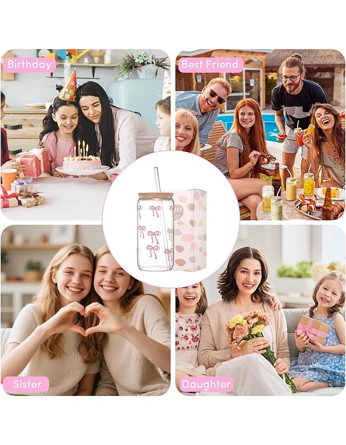 ANABIUP Coquette Cute Pink Bow Glass Cups with Lids and Straws, Aesthetic Iced Coffee Cup, Girly Preppy Design Tumbler Mug for Teen Girls Women Girlfriends Gifts