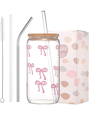 ANABIUP Coquette Cute Pink Bow Glass Cups with Lids and Straws, Aesthetic Iced Coffee Cup, Girly Preppy Design Tumbler Mug for Teen Girls Women Girlfriends Gifts